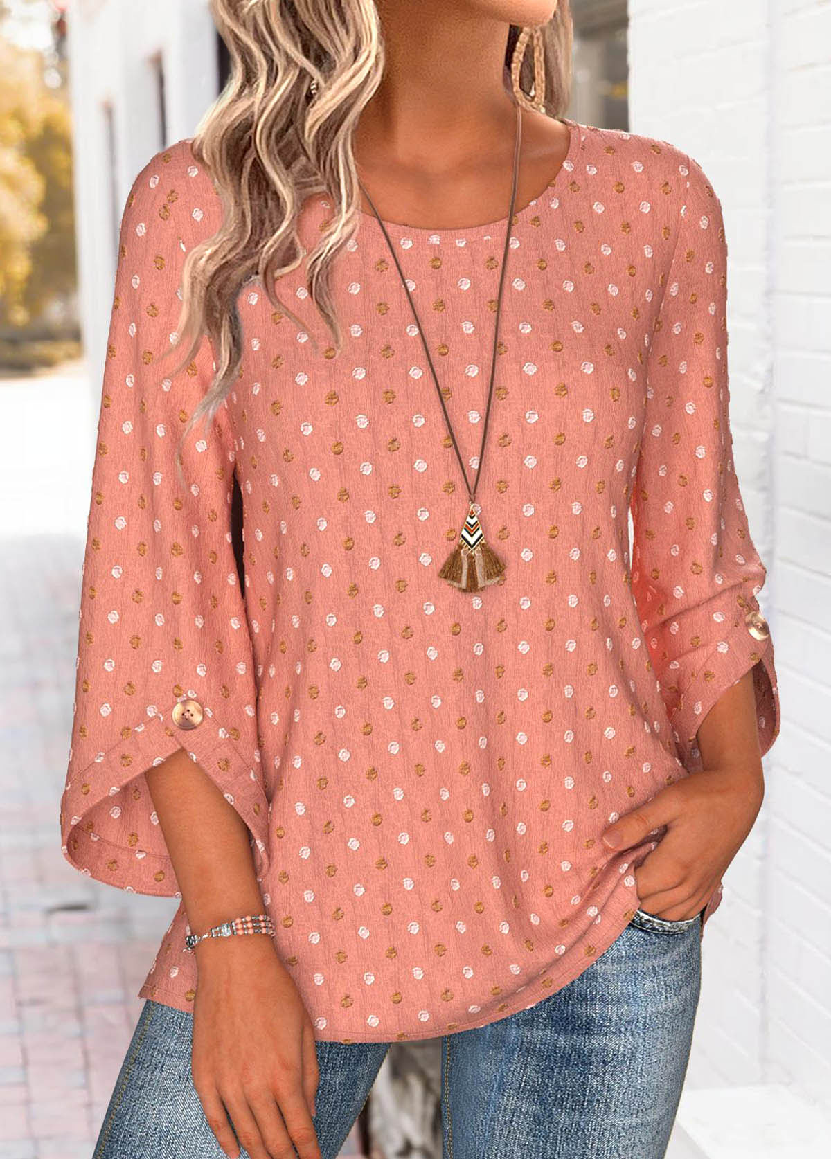 Dusty Pink 3/4 Sleeve Round Neck Blouse