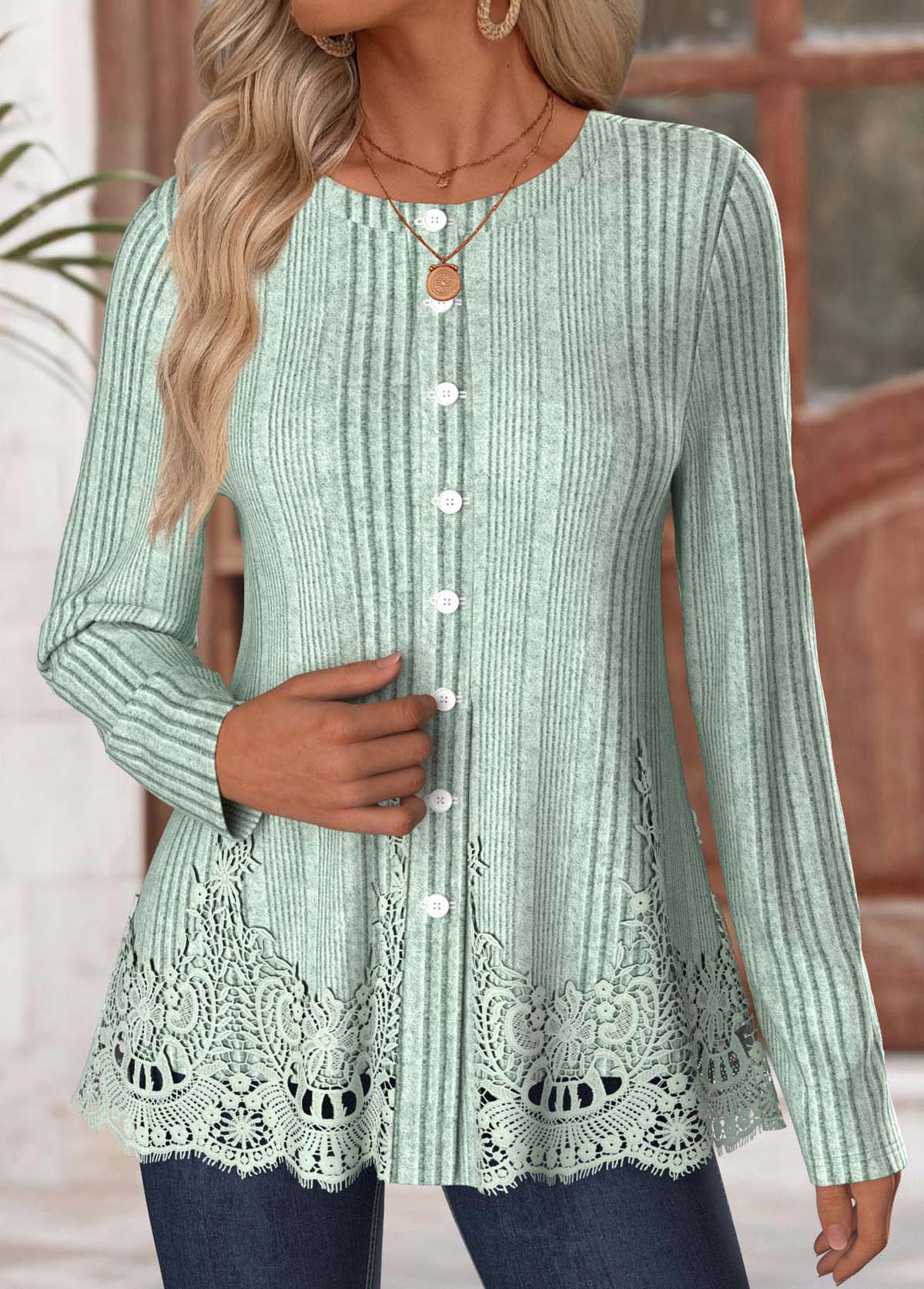 Sage Green Long Sleeve Round Neck T Shirt