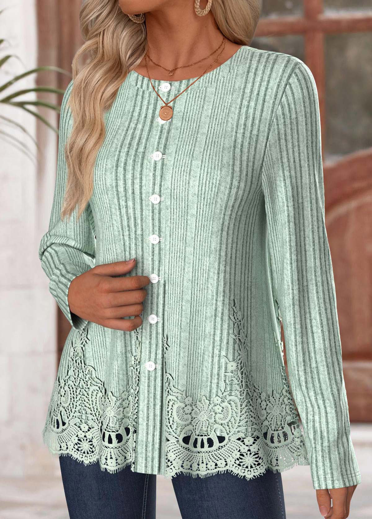 Sage Green Long Sleeve Round Neck T Shirt