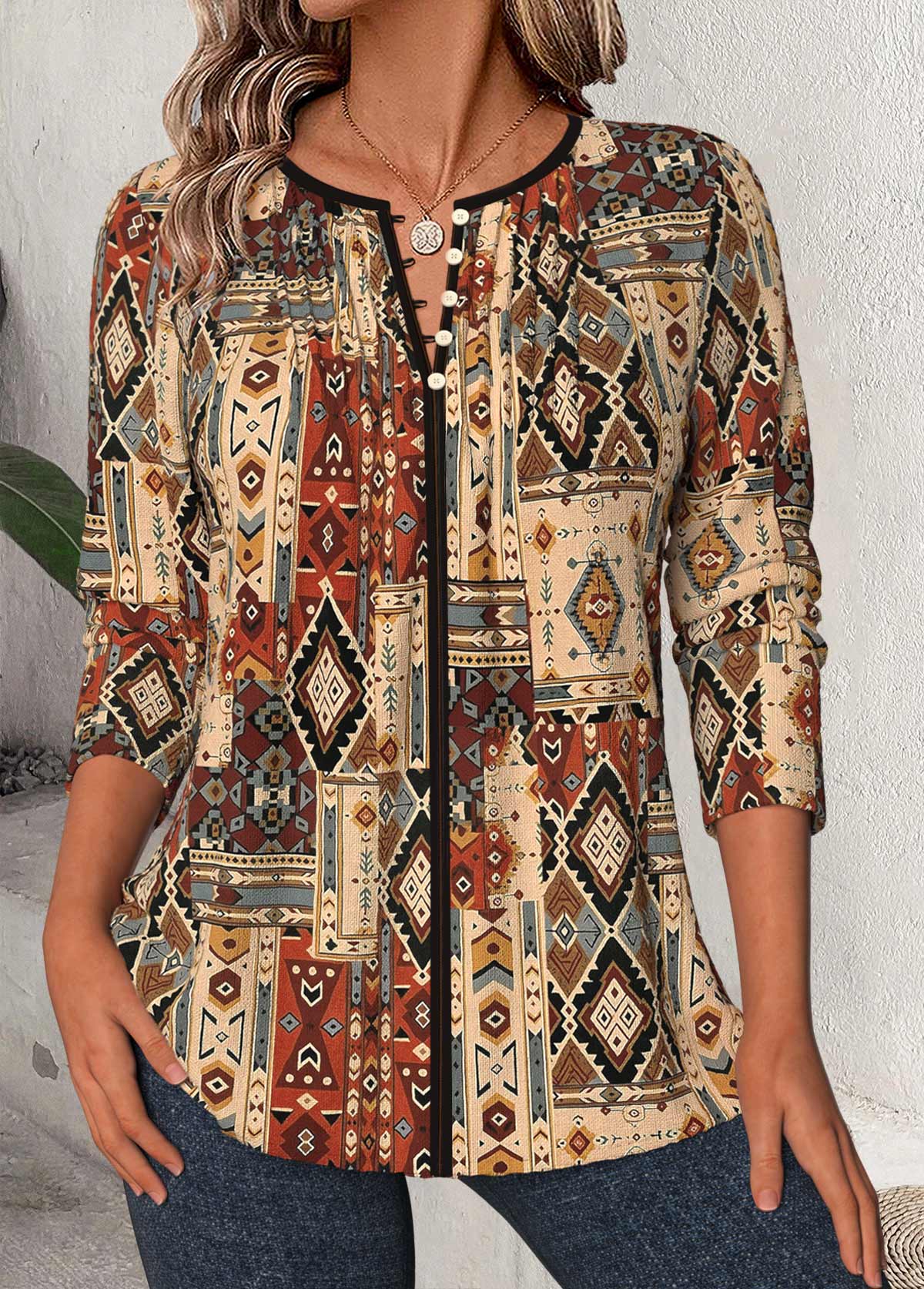 Tribal Print Dark Camel 3/4 Sleeve Split Neck Blouse