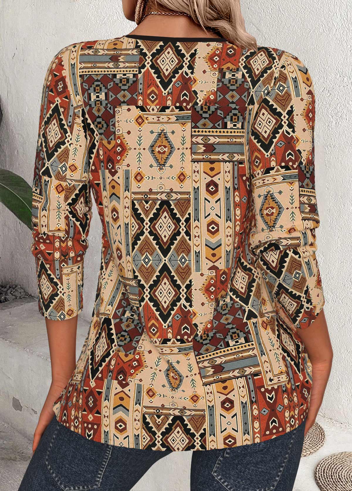 Tribal Print Dark Camel 3/4 Sleeve Split Neck Blouse