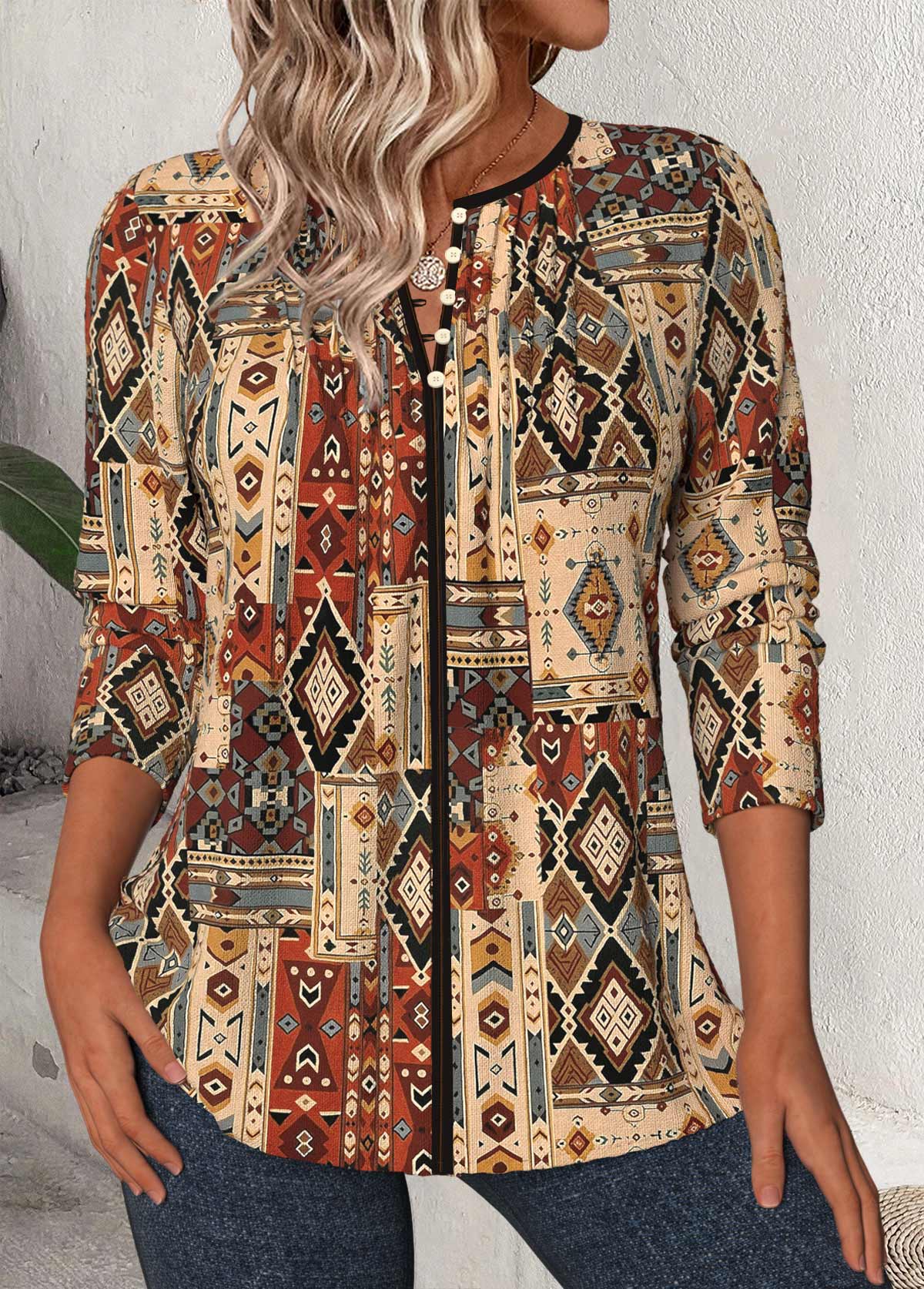 Tribal Print Dark Camel 3/4 Sleeve Split Neck Blouse
