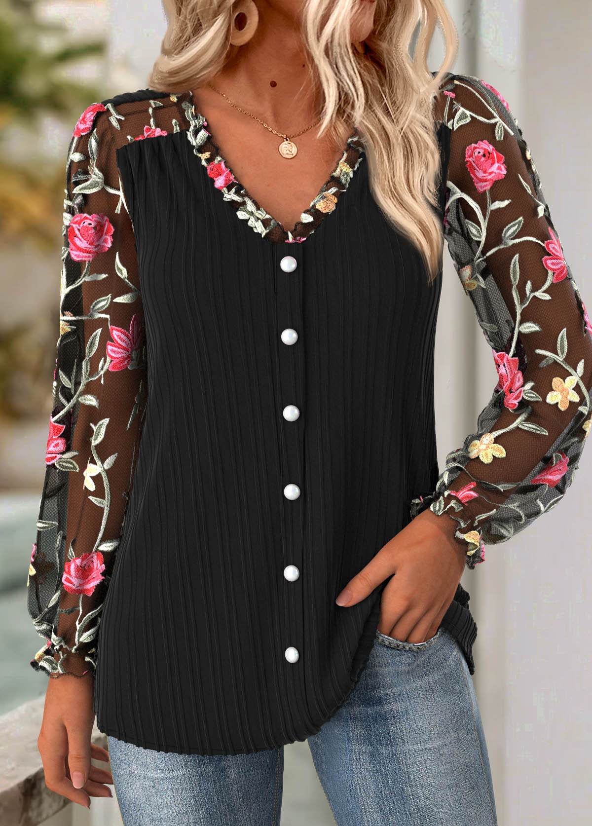 Floral Print Frill Black Long Sleeve V Neck Blouse