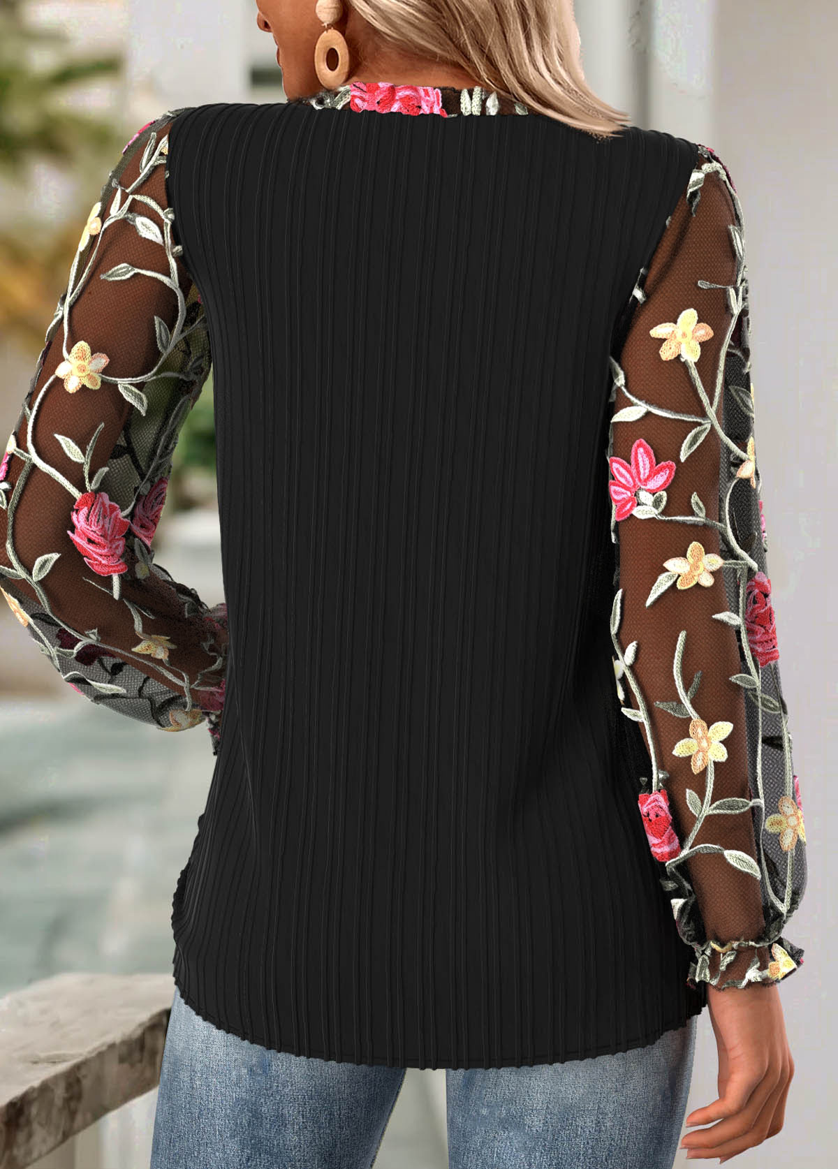Floral Print Frill Black Long Sleeve V Neck Blouse