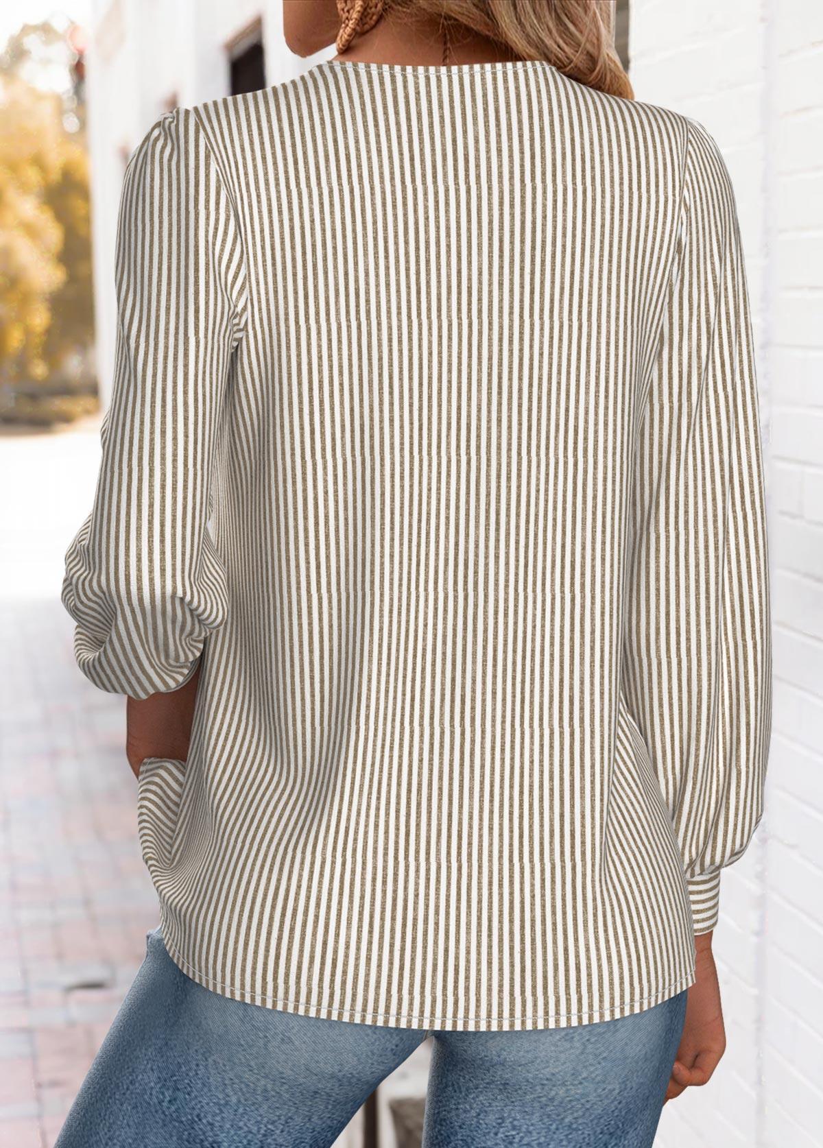 Striped Light Coffee Long Sleeve Round Neck T Shirt