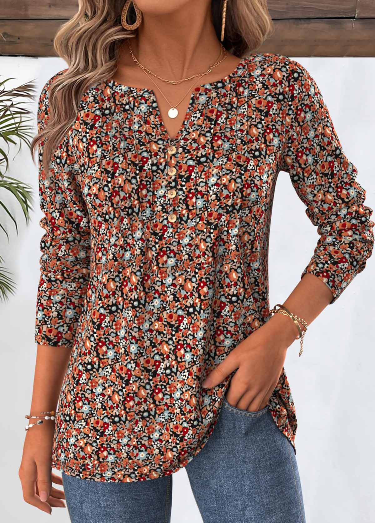 Ditsy Floral Print Multi Color Long Sleeve T Shirt