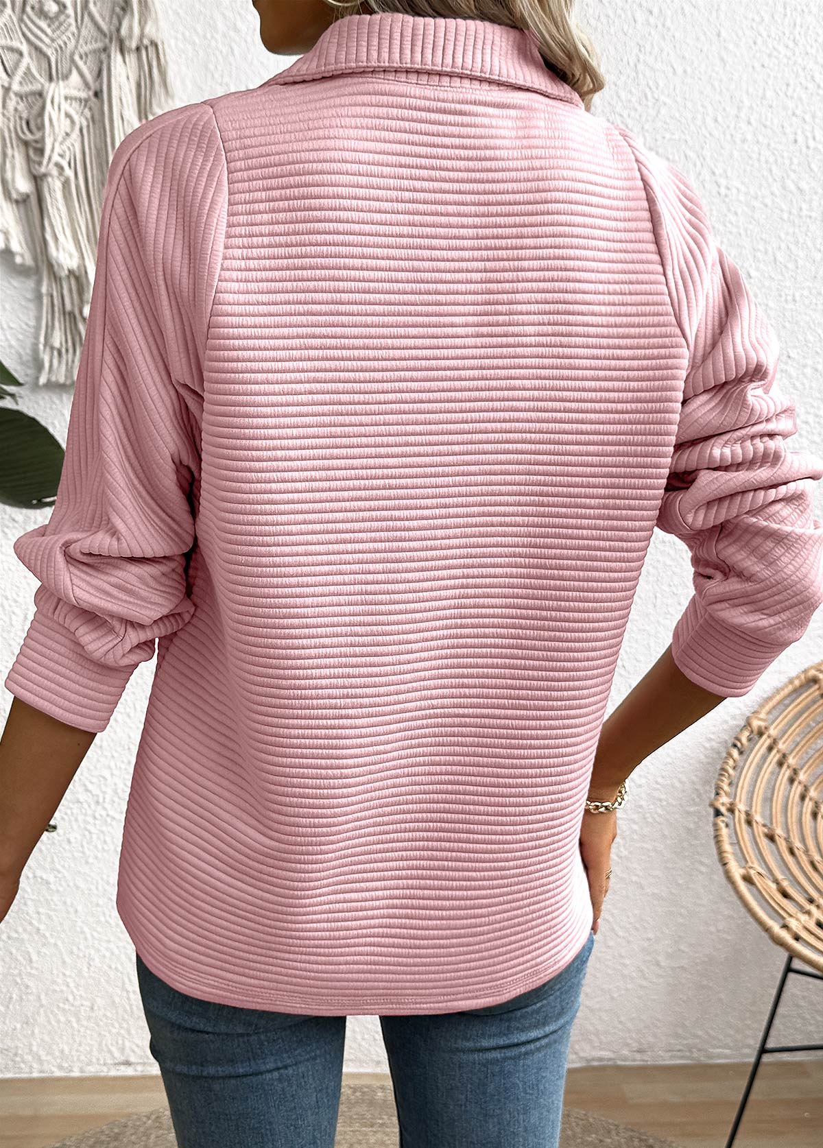 Zipper Pink Long Sleeve Turn Down Collar Sweatshirt