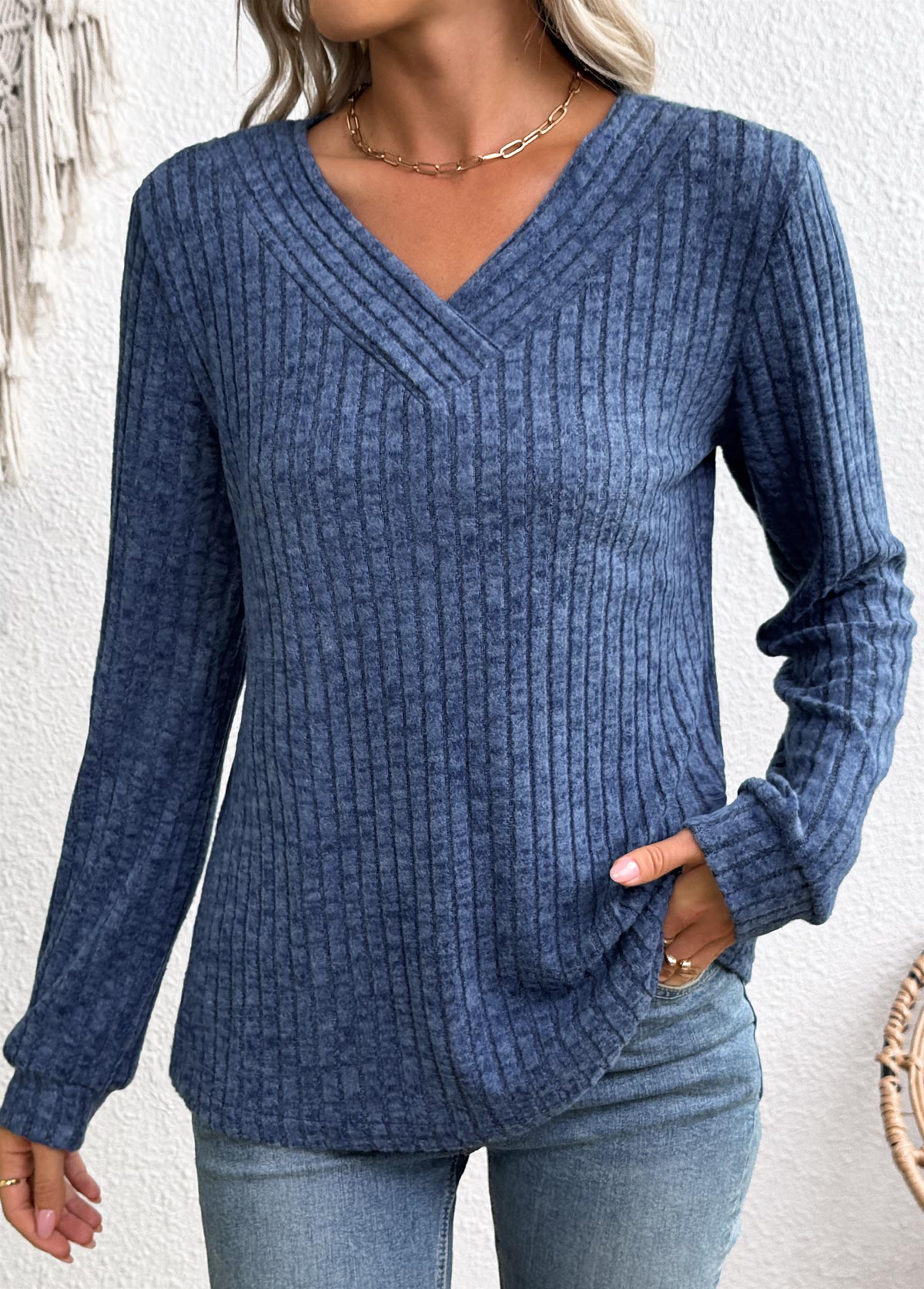 Blue Long Sleeve V Neck Sweatshirt