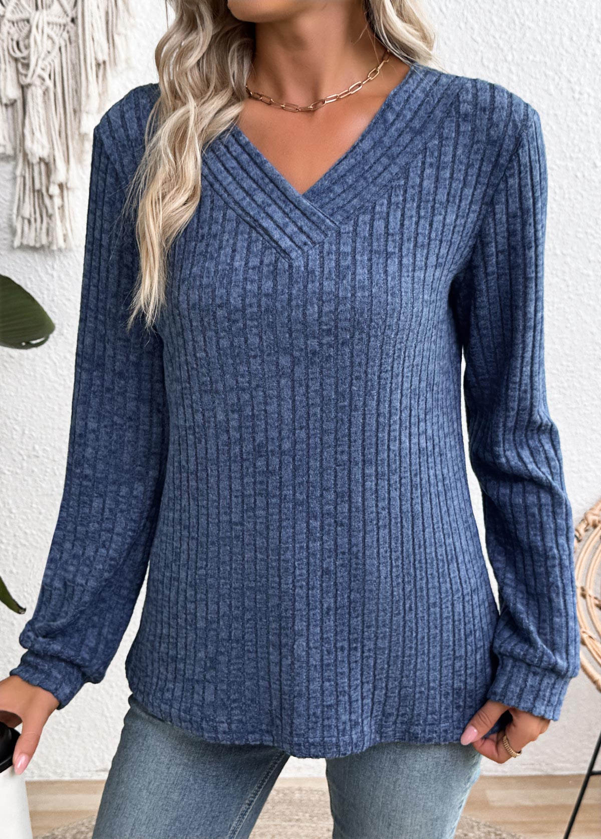 Blue Long Sleeve V Neck Sweatshirt