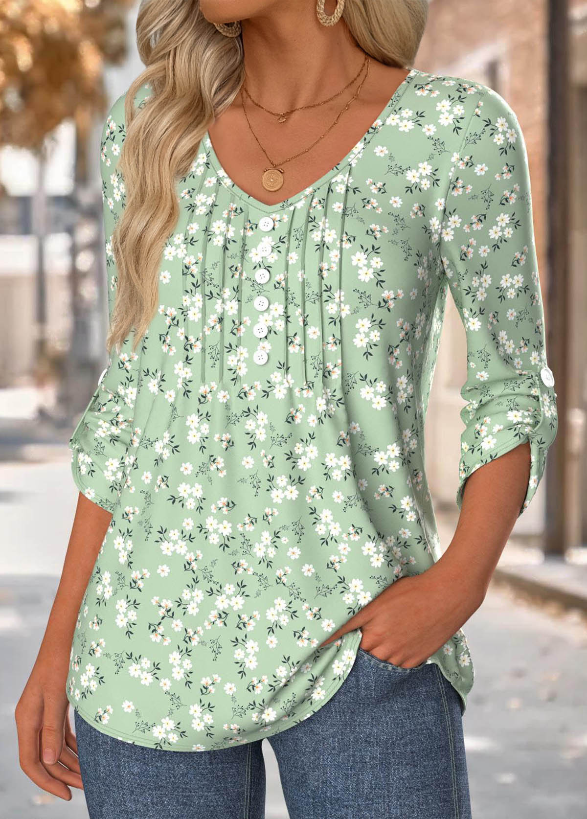 Floral Print Sage Green 3/4 Sleeve V Neck Blouse
