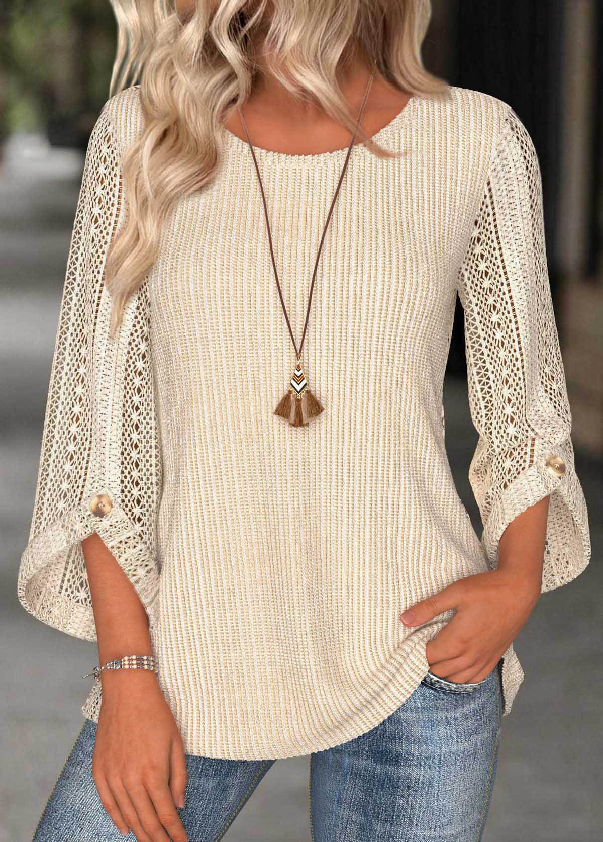 Beige 3/4 Sleeve Round Neck Blouse