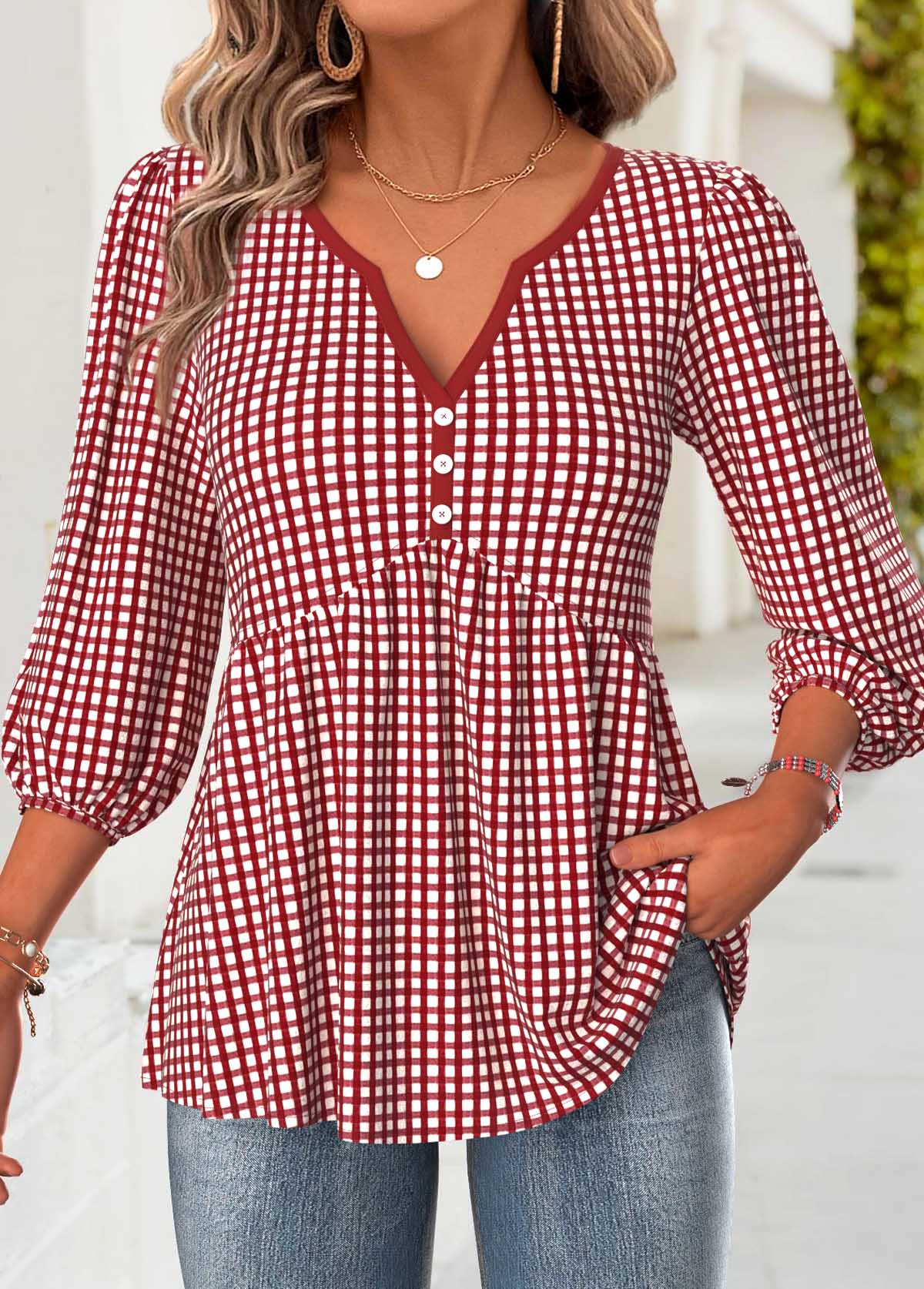 Plaid Red 3/4 Sleeve Split Neck Blouse