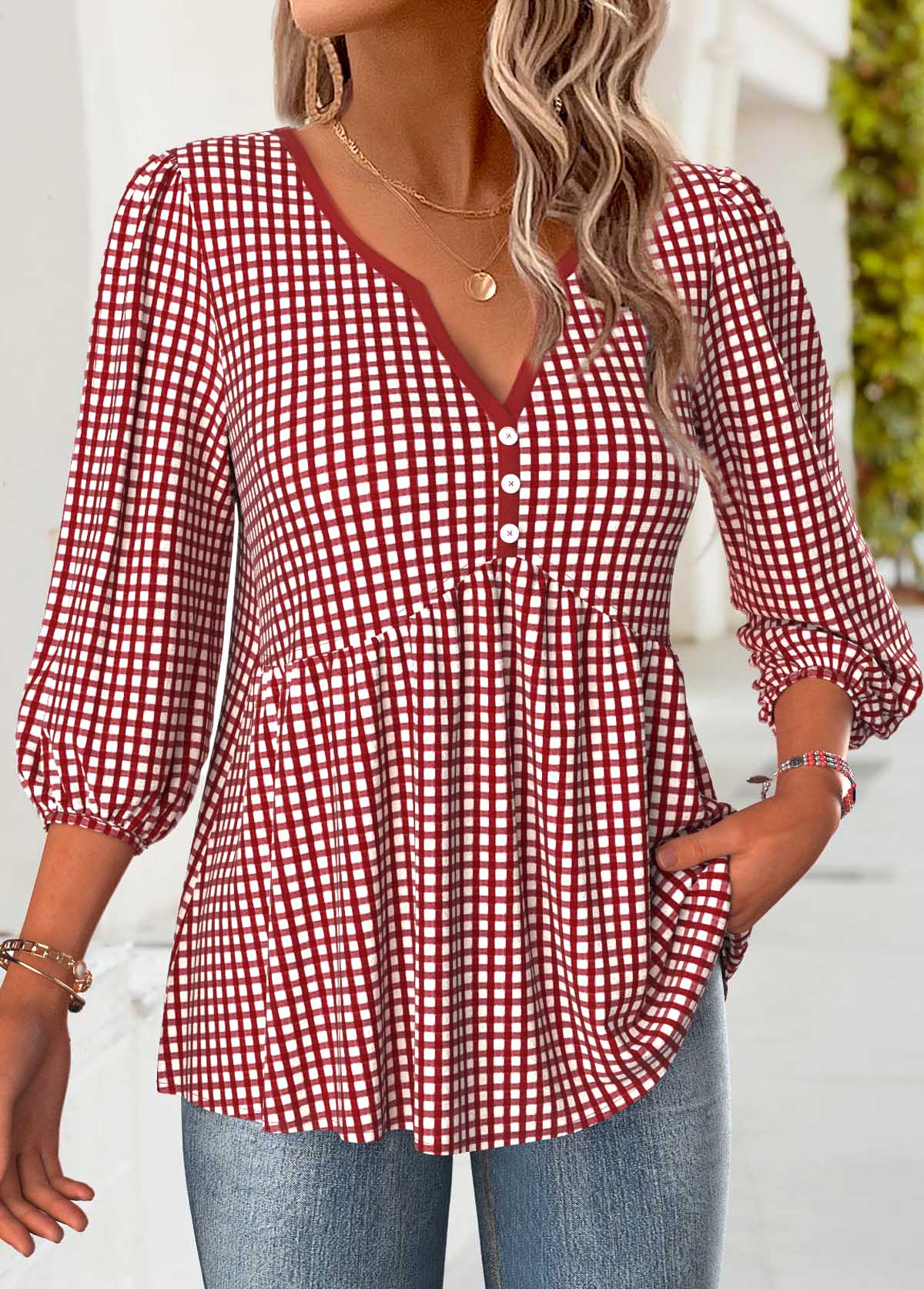 Plaid Red 3/4 Sleeve Split Neck Blouse