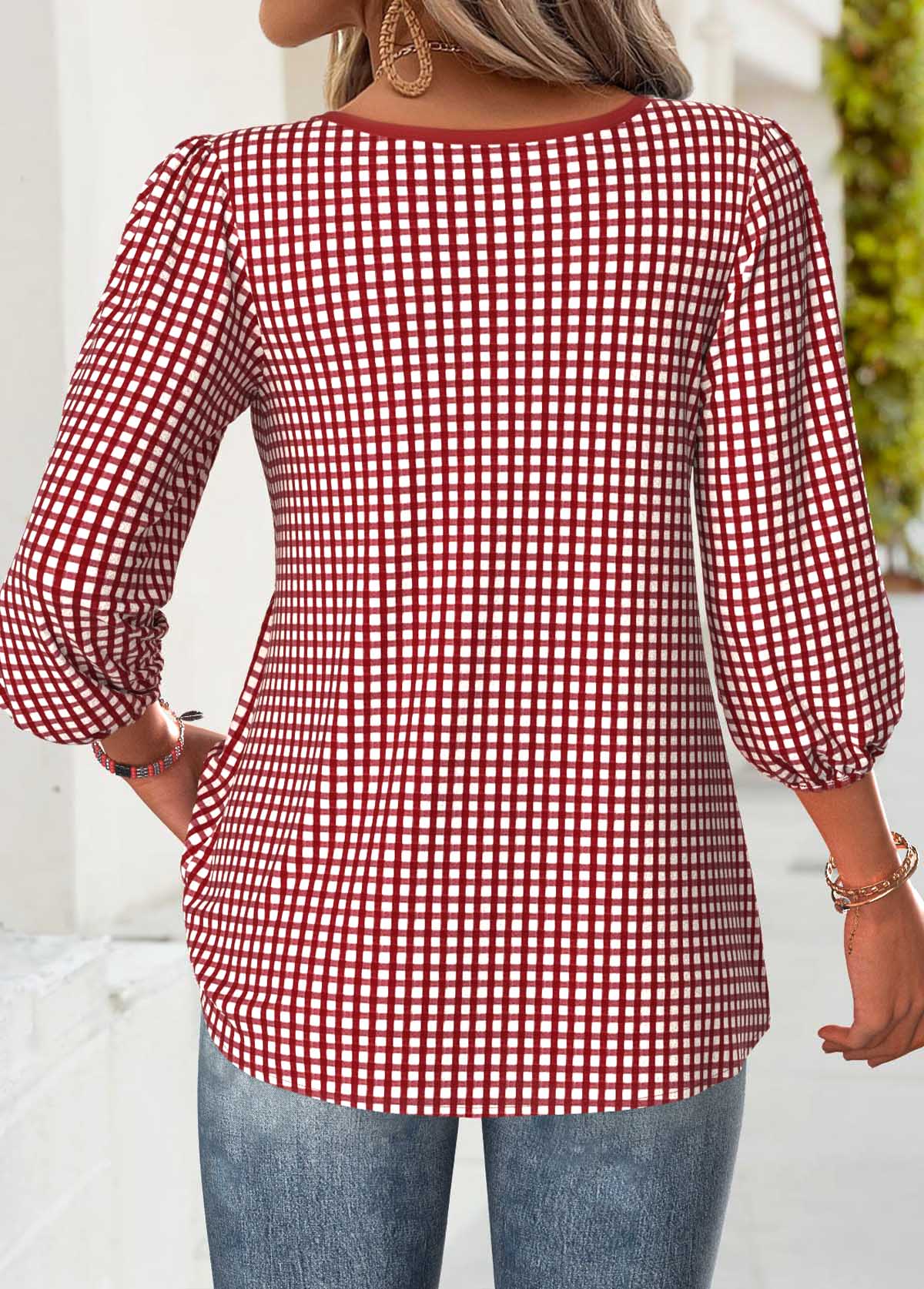Plaid Red 3/4 Sleeve Split Neck Blouse
