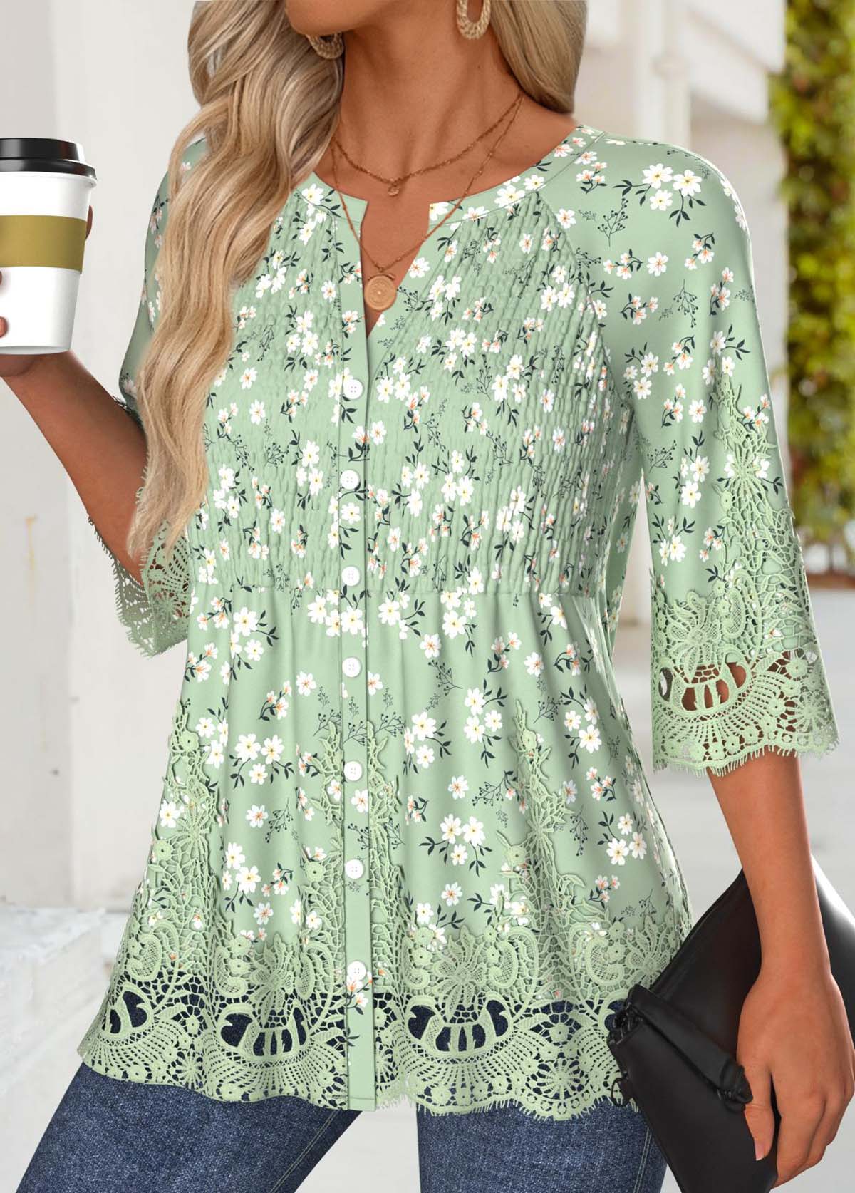 Floral Print Light Green 3/4 Sleeve Split Neck Blouse