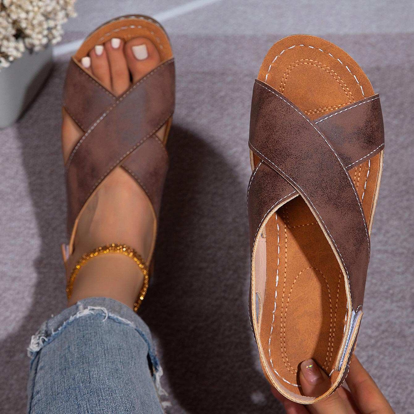Dark Coffee Peep Toe Low Heel Sandals