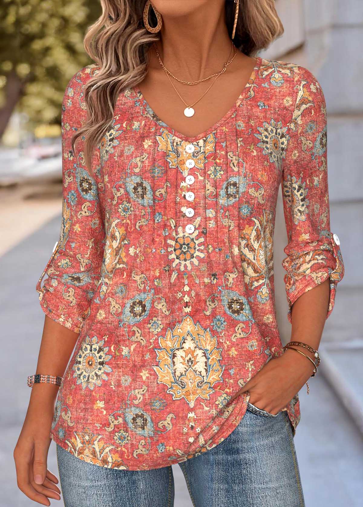 Tribal Print Tummy Coverage Coral Long Sleeve Blouse