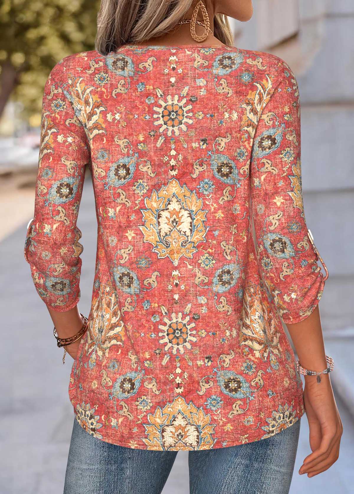 Tribal Print Tummy Coverage Coral Long Sleeve Blouse