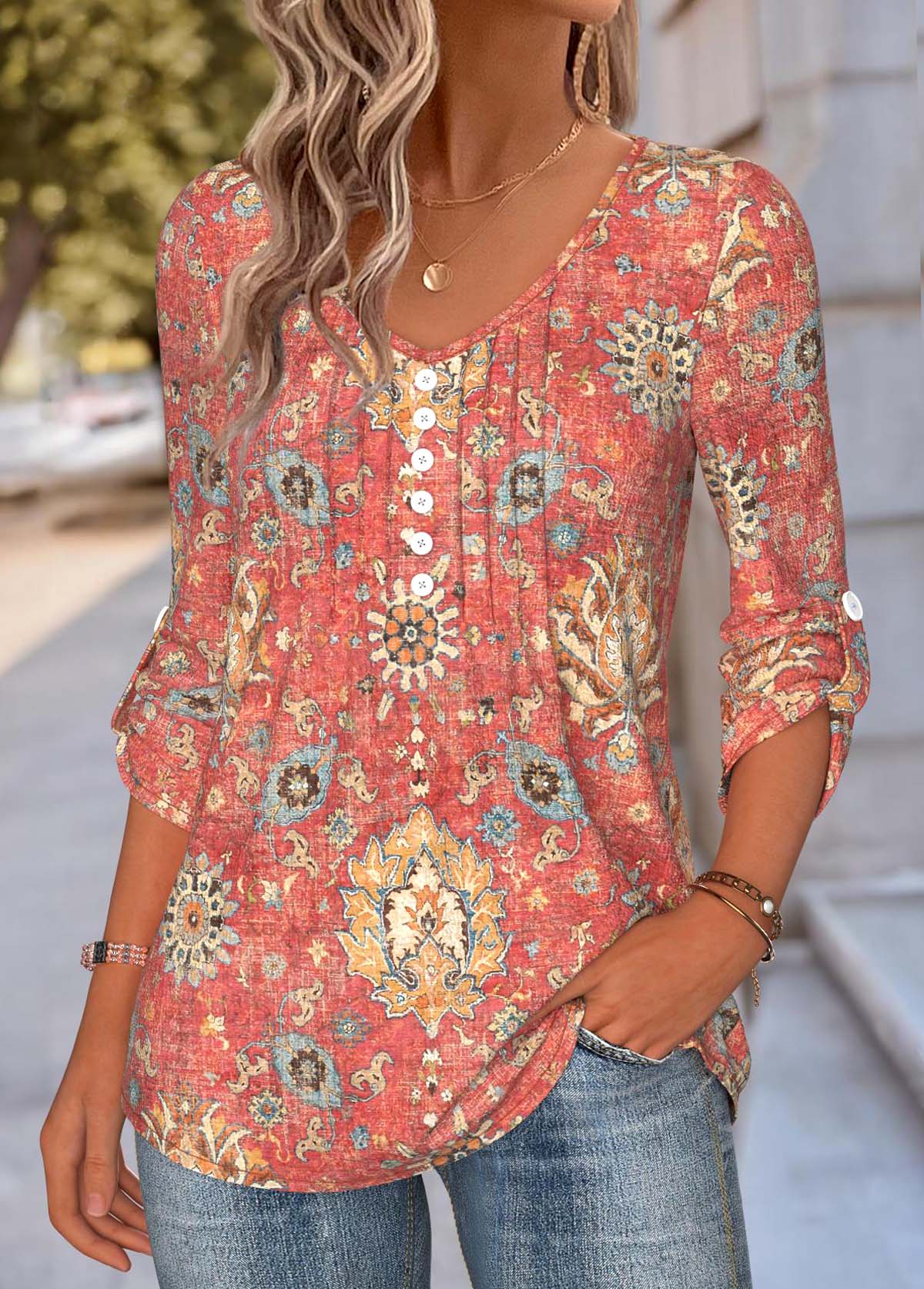 Tribal Print Tummy Coverage Coral Long Sleeve Blouse