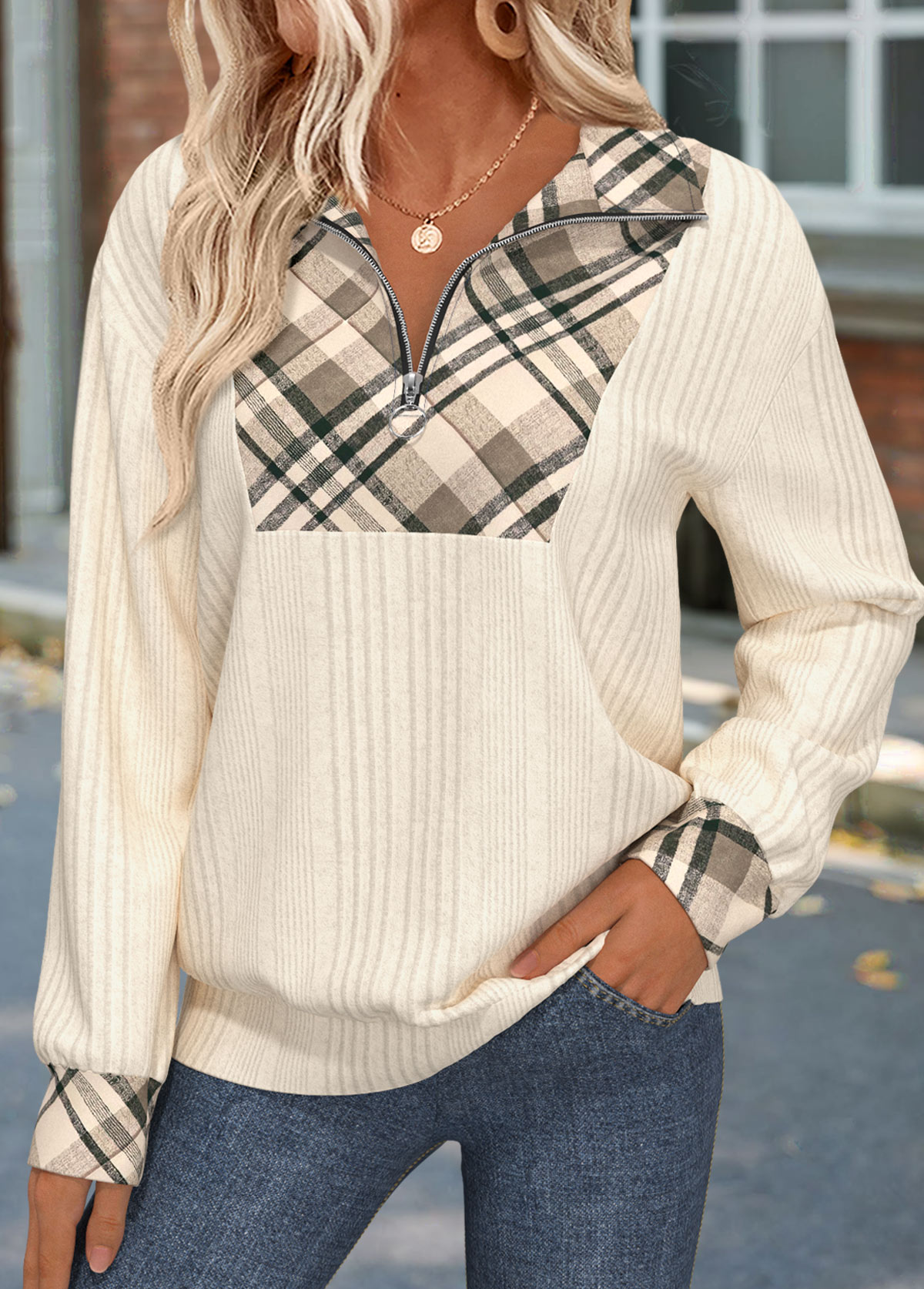 Plaid Zipper Beige Long Sleeve Sweatshirt