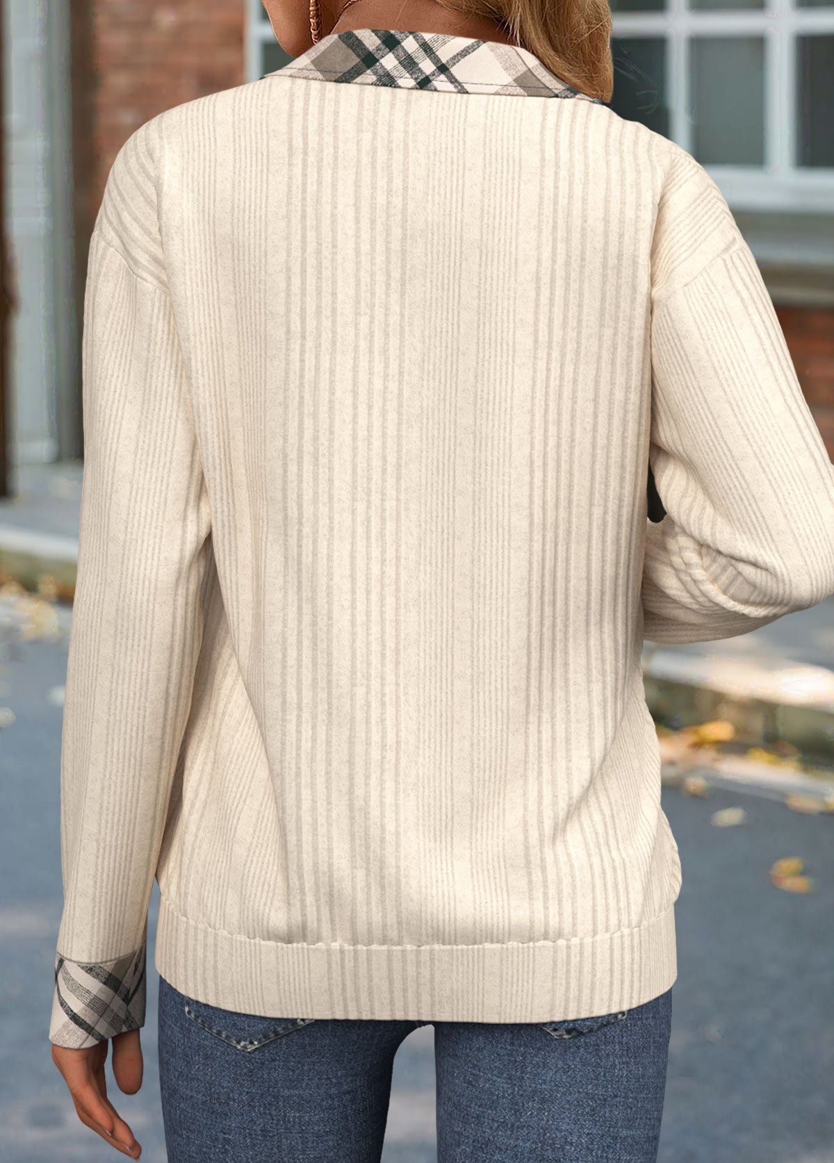 Plaid Zipper Beige Long Sleeve Sweatshirt