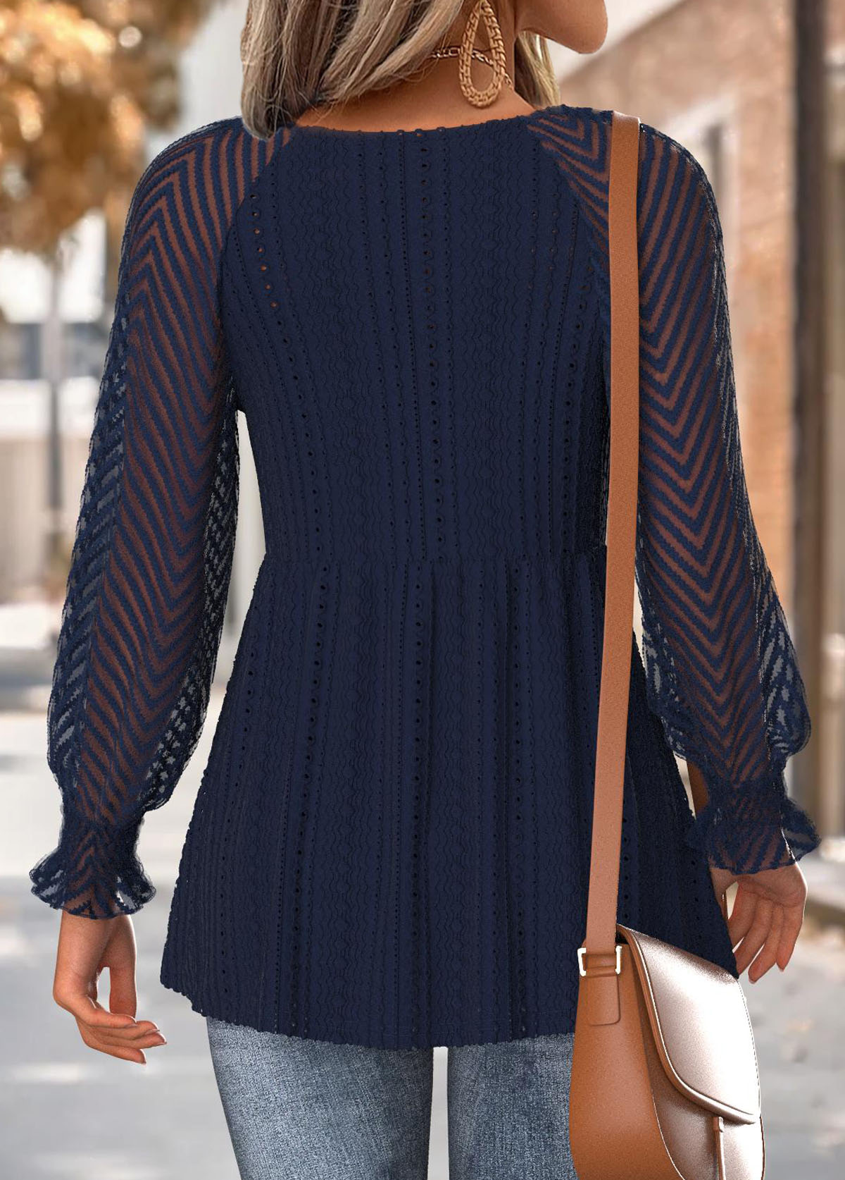 Peplum Navy Long Sleeve V Neck T Shirt