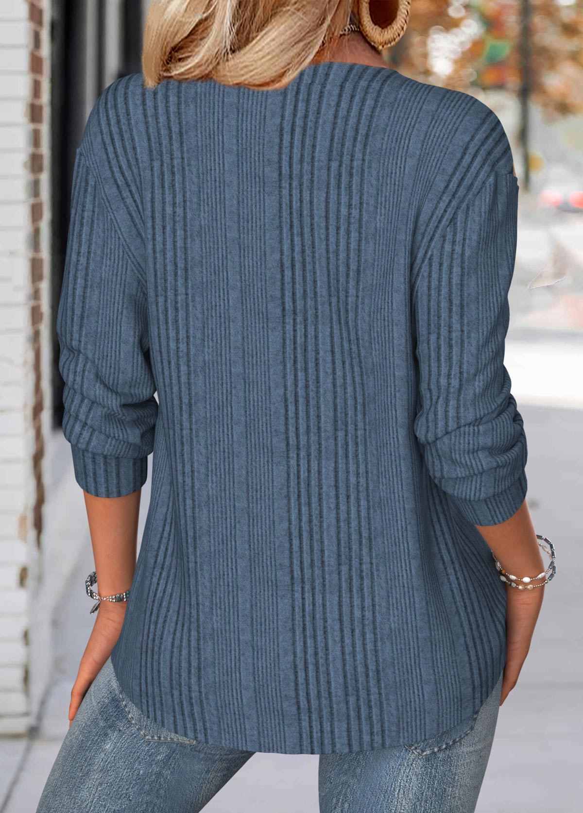 Floral Print Peacock Blue Long Sleeve Split Neck Sweatshirt