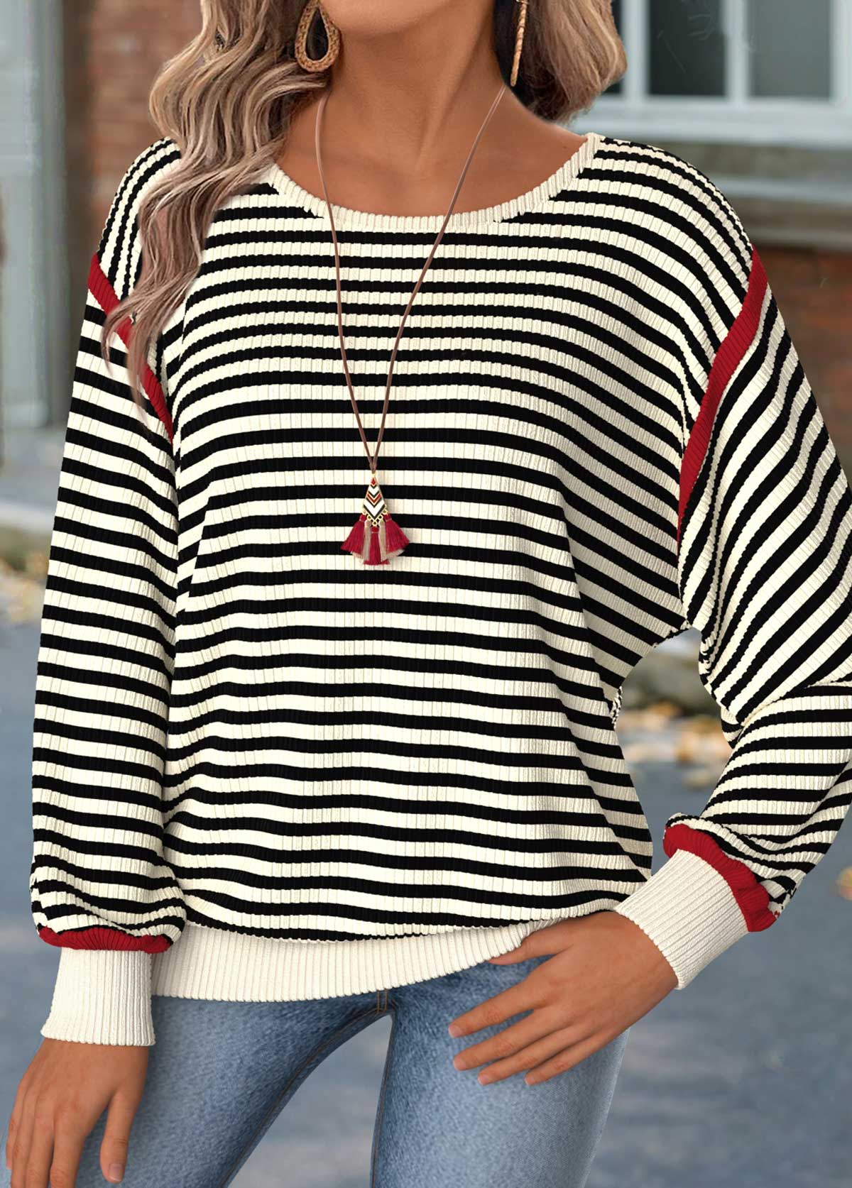 Striped Tummy Coverage Beige Long Sleeve T Shirt