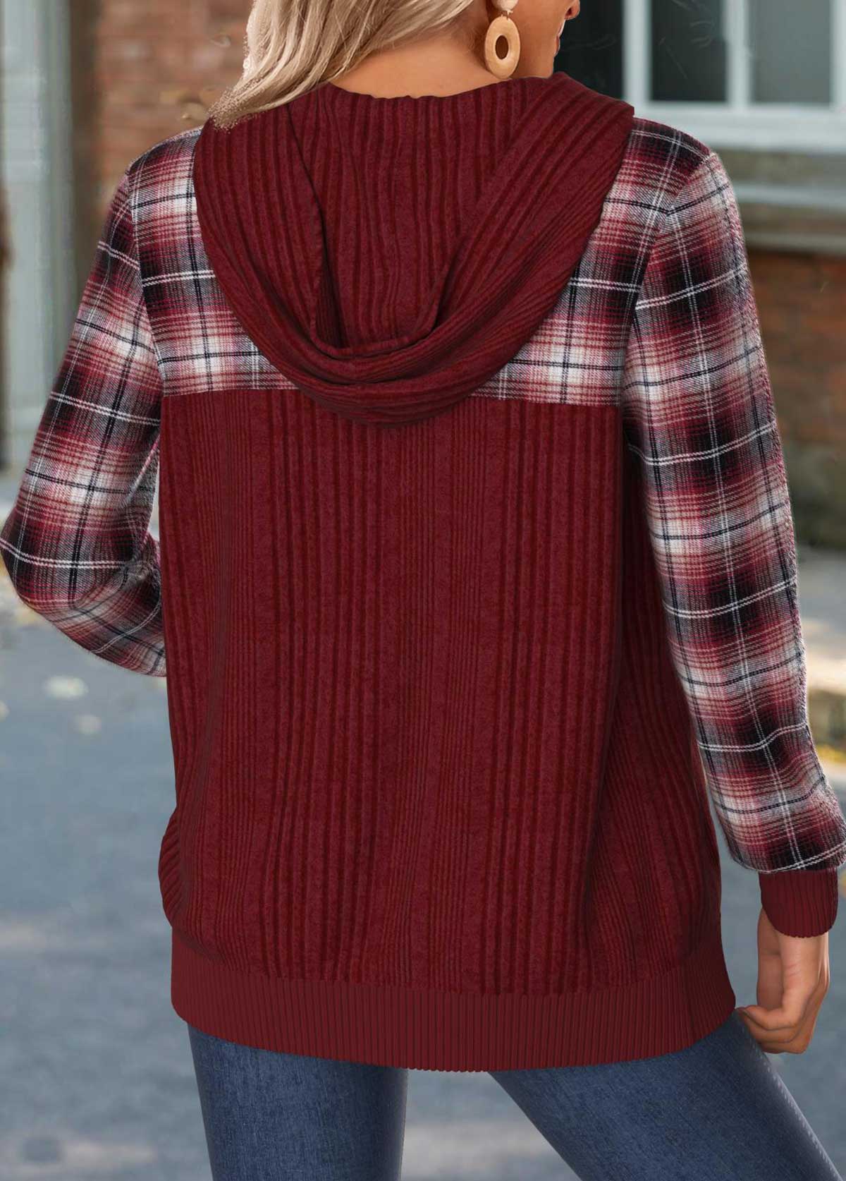 Plaid Tummy Coverage Wine Red Hoodie and Coat