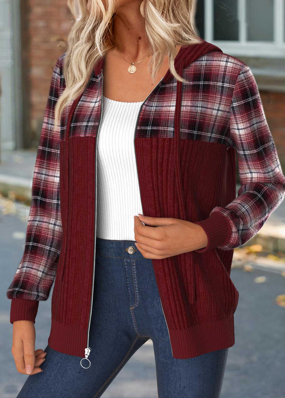 Plaid Tummy Coverage Wine Red Hoodie and Coat