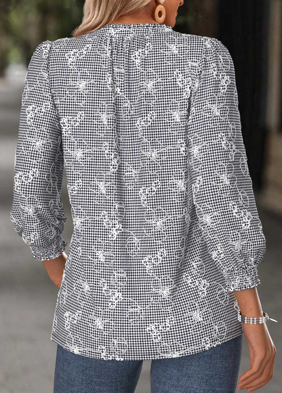 Plaid Tummy Coverage Black Long Sleeve V Neck Blouse