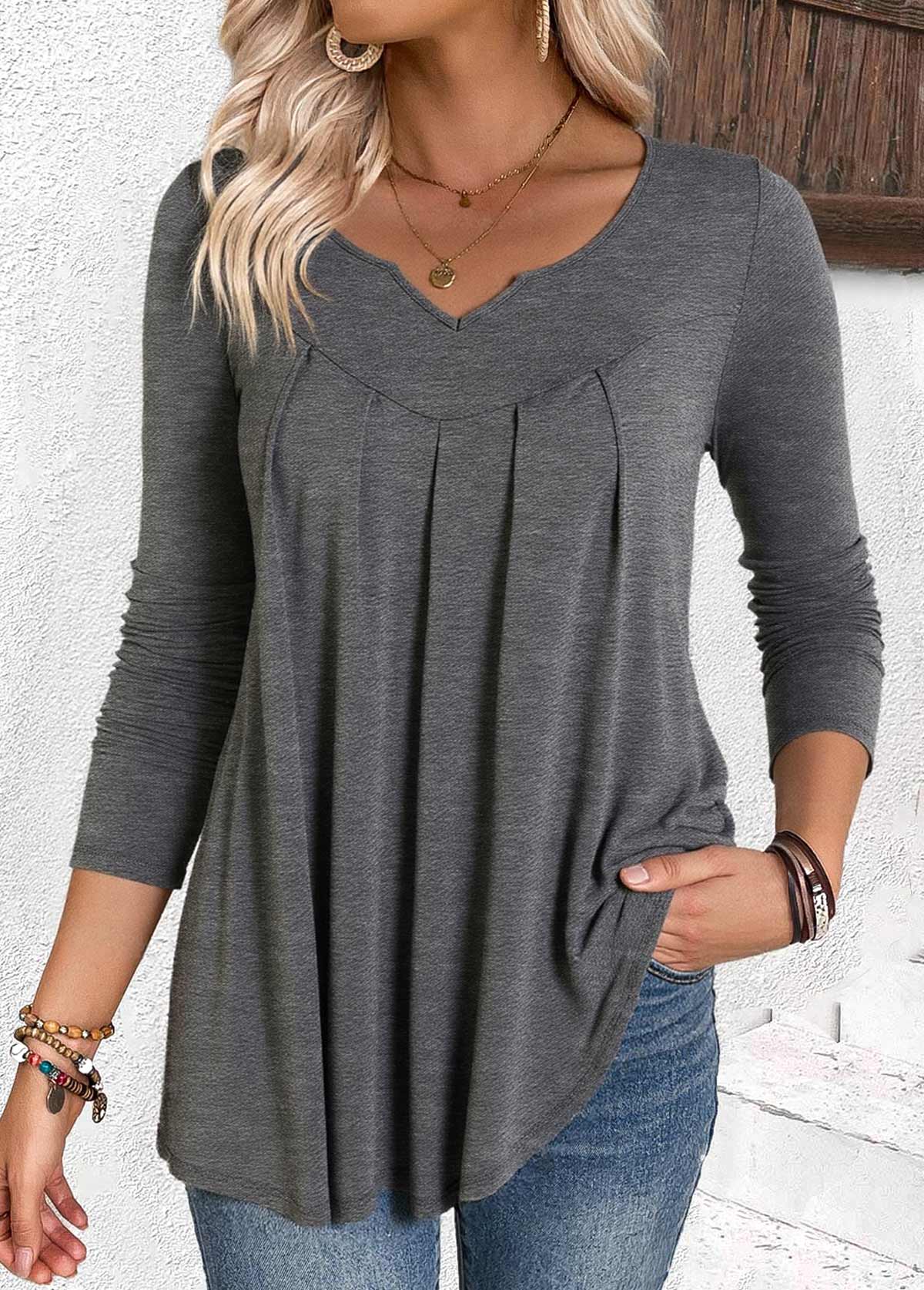 Pleated Grey Long Sleeve Split Neck T Shirt