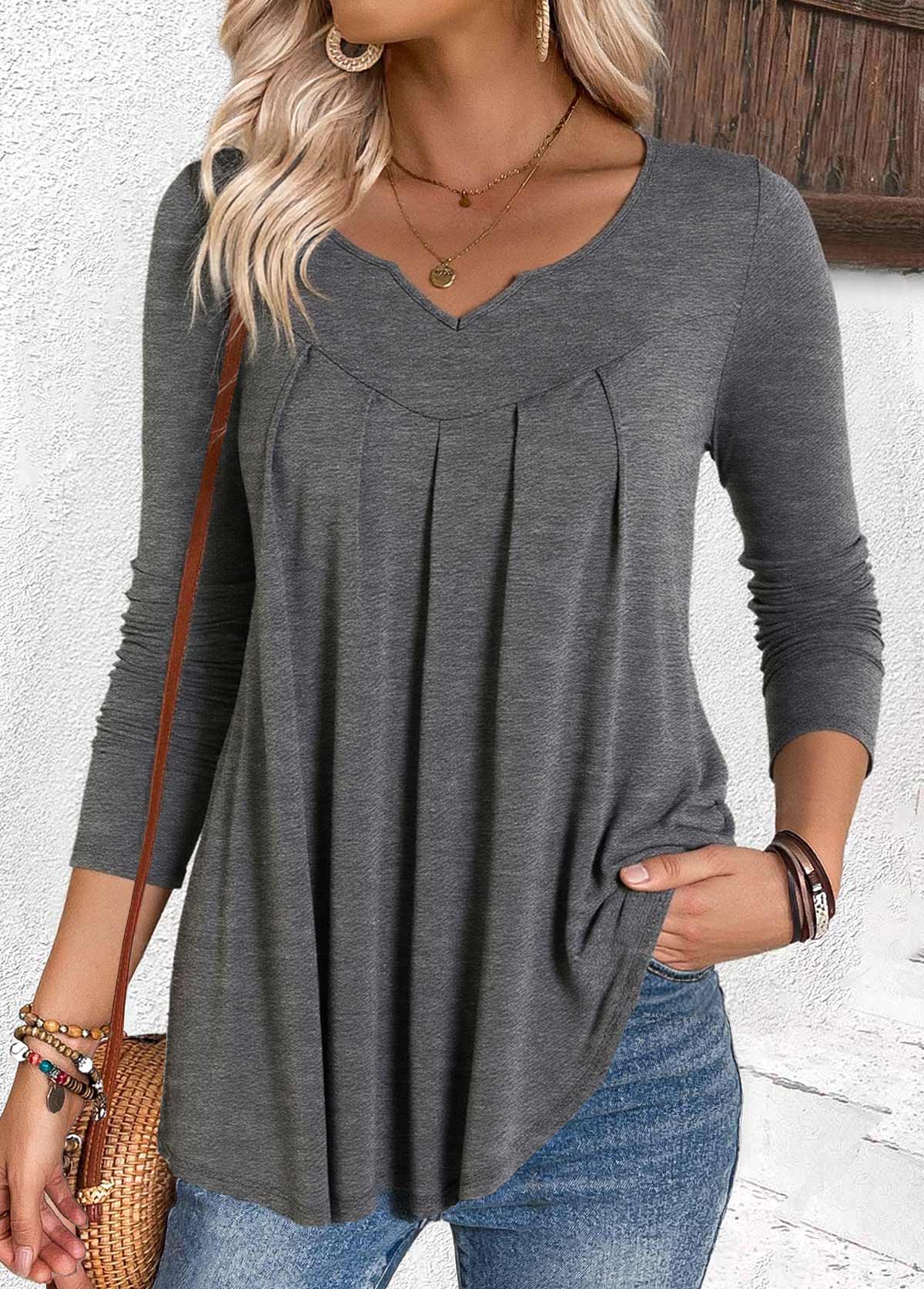 Pleated Grey Long Sleeve Split Neck T Shirt