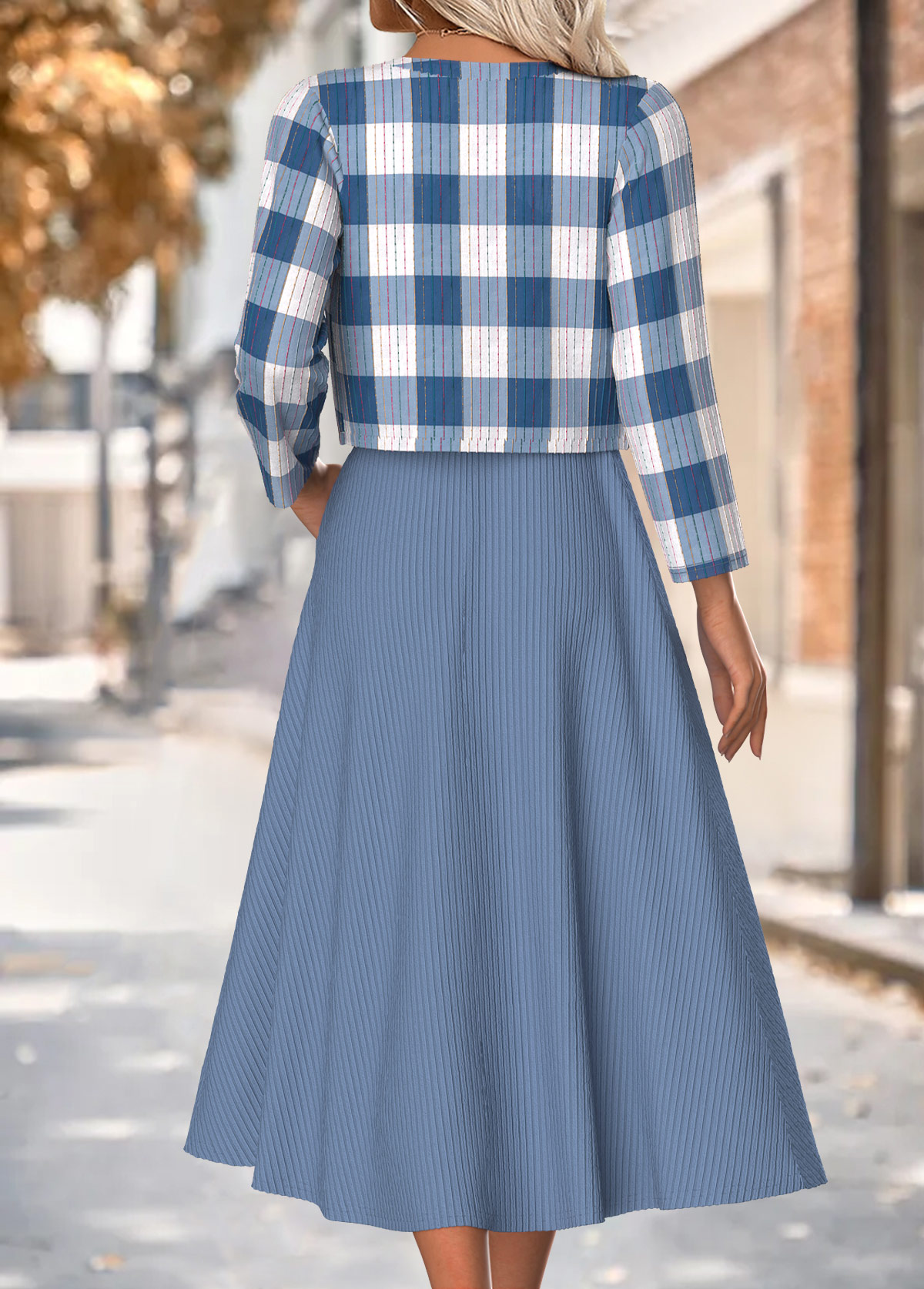 Plaid Tummy Coverage Dusty Blue Dress and Cardigan