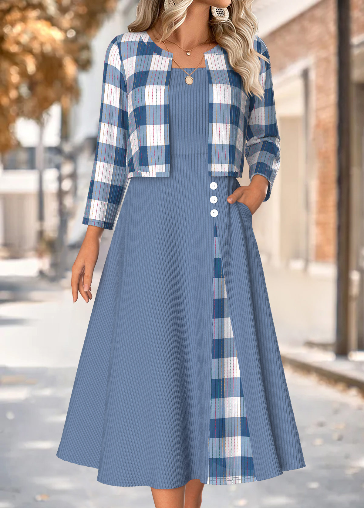 Plaid Tummy Coverage Dusty Blue Dress and Cardigan