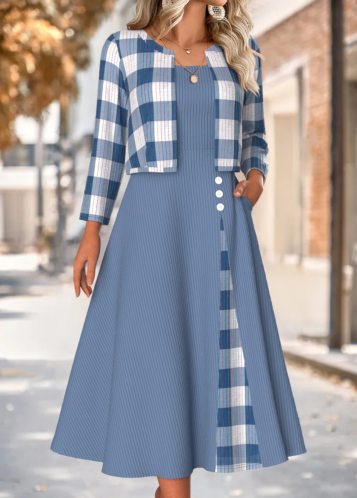 Plaid Tummy Coverage Dusty Blue Dress and Cardigan