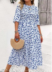 Ditsy Floral Print Smocked Blue Half Sleeve Dress