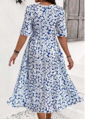 Ditsy Floral Print Smocked Blue Half Sleeve Dress