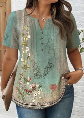 Random Floral Print Tuck Stitch Sage Green T Shirt