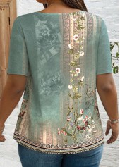 Random Floral Print Tuck Stitch Sage Green T Shirt