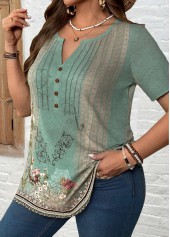 Random Floral Print Tuck Stitch Sage Green T Shirt