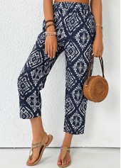 Tribal Print Navy Straight Leg Elastic Waist Pants
