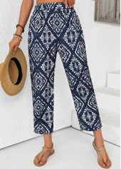 Tribal Print Navy Straight Leg Elastic Waist Pants