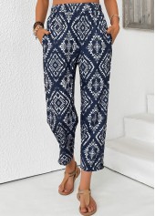 Tribal Print Navy Straight Leg Elastic Waist Pants