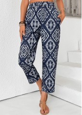 Tribal Print Navy Straight Leg Elastic Waist Pants