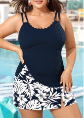 Mid Waisted Tropical Plants Print Navy Tankini Set