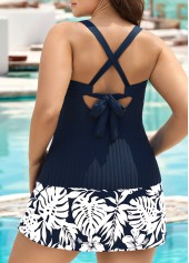 Mid Waisted Tropical Plants Print Navy Tankini Set