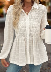 Tummy Coverage Beige Long Sleeve Shirt Collar Blouse