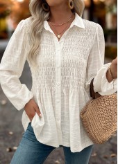 Tummy Coverage Beige Long Sleeve Shirt Collar Blouse