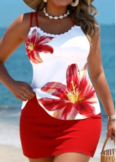 Plus Size Mid Waisted Red Floral Print Tankini Set